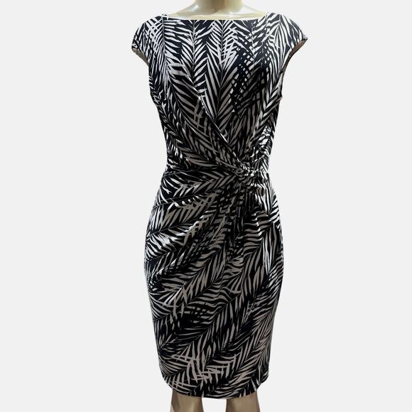Ralph Lauren Joss Abstract Leaf Print Black White Midi Jersey Knit Dress Size 8 - Picture 3 of 9